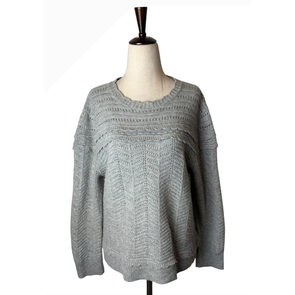 J Crew Scallop Pointelle Knit Sweater Women Large Gray Wool Blend Preppy Boho - Picture 2 of 10